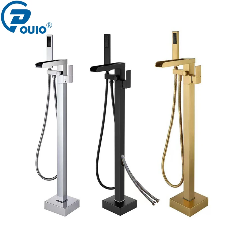 OUIO Waterfall Tub Filler Freestanding Bathtub Faucet Black Floor Mount Brass Single Handle Bathroom Faucets with Hand Shower