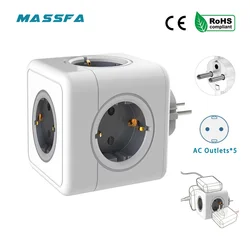 MASSFA EU Plug 5 AC Outlet Multiprise Power Strip Extension Powercube Electrical Socket 3680W Adapter for Home Office