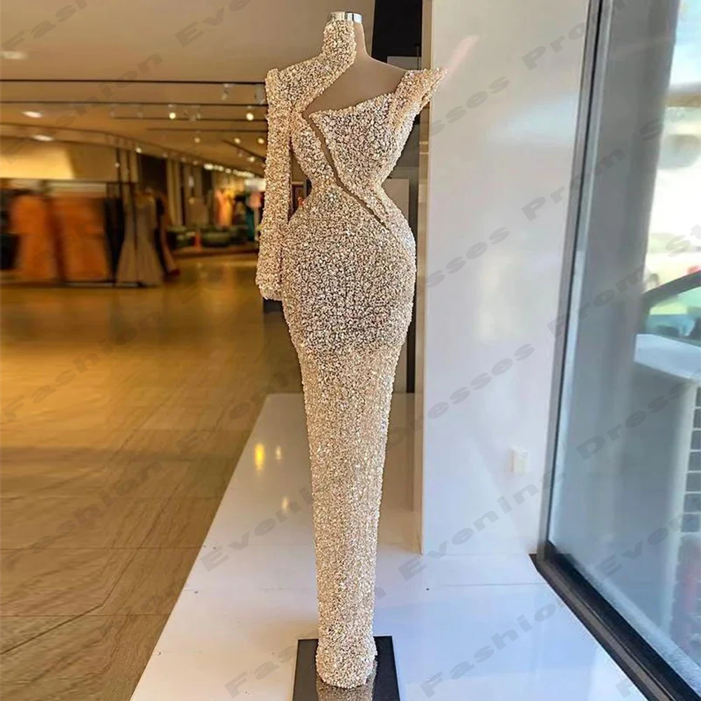 Vestido cintilante de ombro único para mulheres, vestidos elegantes e fascinantes, vestidos de baile emagrecedores, luxuoso e sexy, elegante e emagrecedor