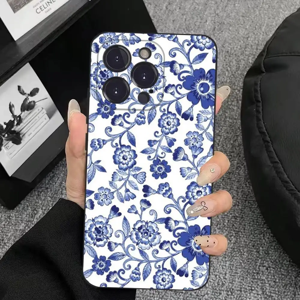 حافظة هاتف من البورسلين الأزرق والأبيض لهاتف آيفون 17,16,15,14,13,12,11,Plus,Pro Max,XS,X,XR,SE,Mini,8,7,غطاء أسود من السيليكون الناعم