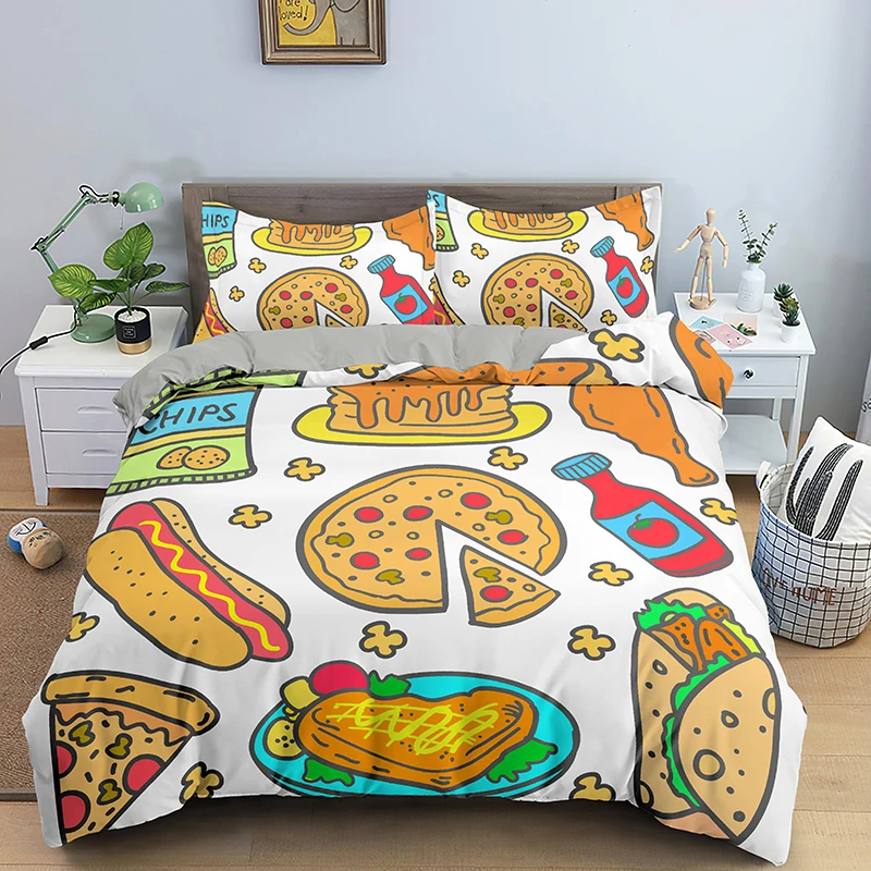 Cartoon Food King Queen Duvet Cover American Fast Food Bedding Set Kids Teens Boys Burger Pizza Hot Dog Polyester Quilt Cover