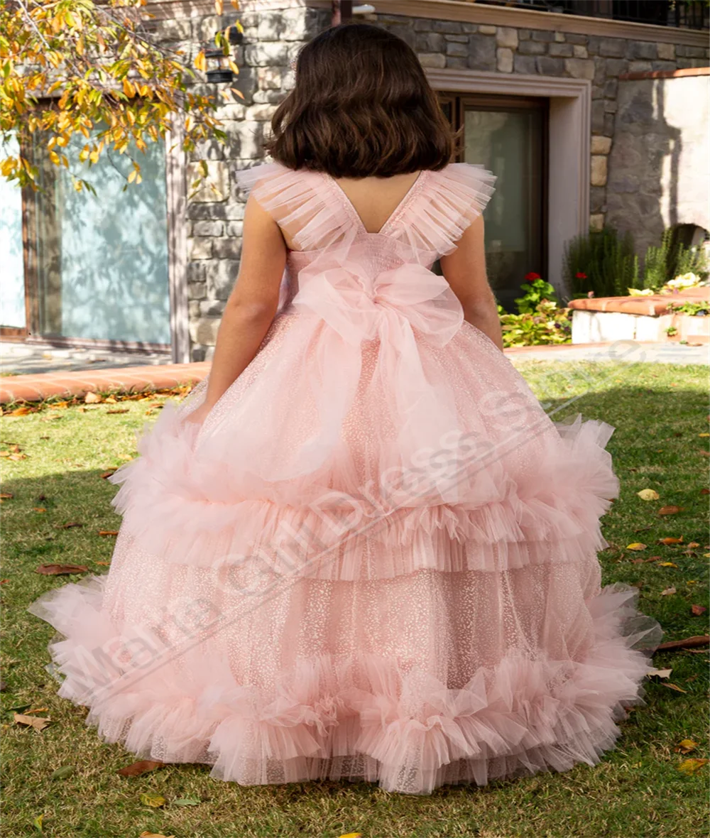 Robe à fleurs rose pour filles, col en V, à volants, élégante, moelleuse, longueur au sol, personnalisée, pour fêtes d'anniversaire pour enfants