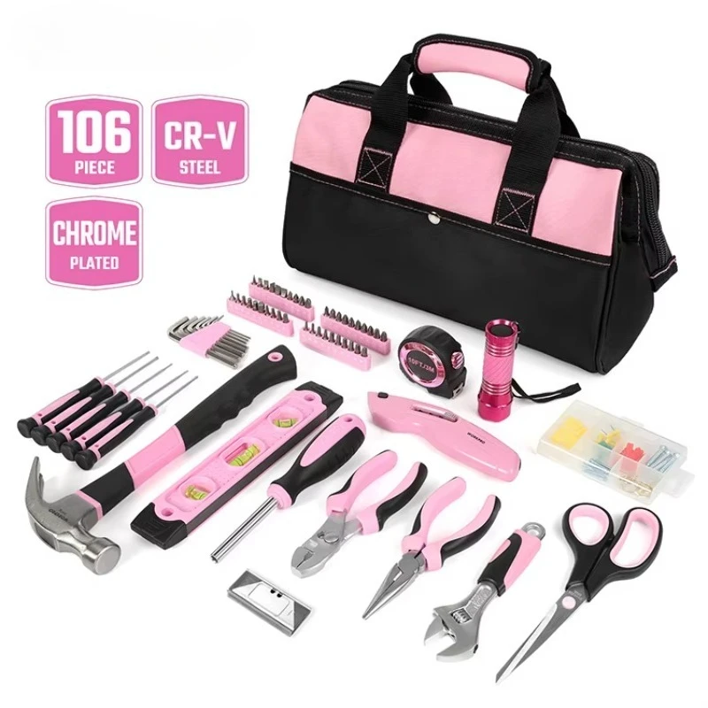 

106PC Lady Household Pink Tool Set Home Repairing Tools Kit Set With Storage Bag