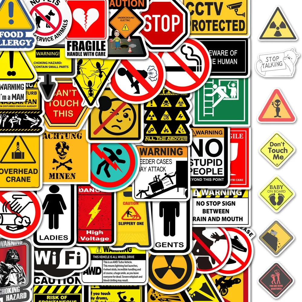 50PCS Warning Stickers Danger Banning Skateboard Fridge Guitar Laptop Motorcycle Travel Classic Toy Cool Decals Sticker