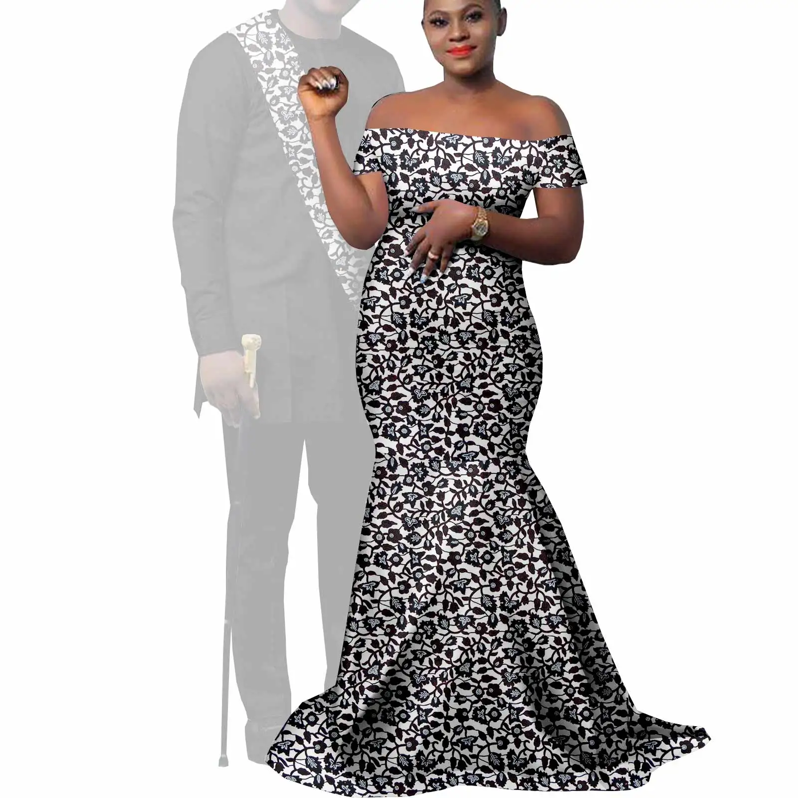 African Clothes for Couples Bazin African Print Long Dresses for Women Match Men Outfits Dashiki Top and Pants Sets Y22C023