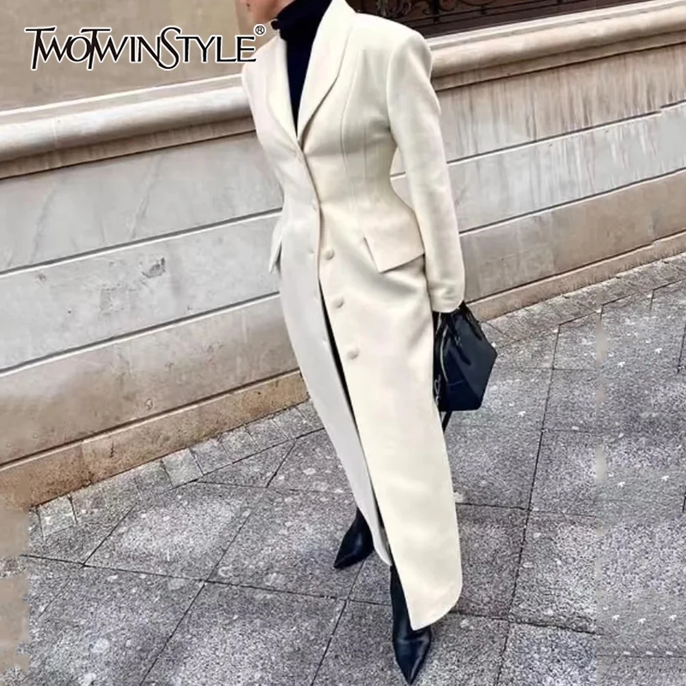 

TWOTWINSTYLE French Elegant Solid Wool Coats for Womenn Lapel Shoulder Pud Long Sleeve Patchwork Single Breasted Coat Female New