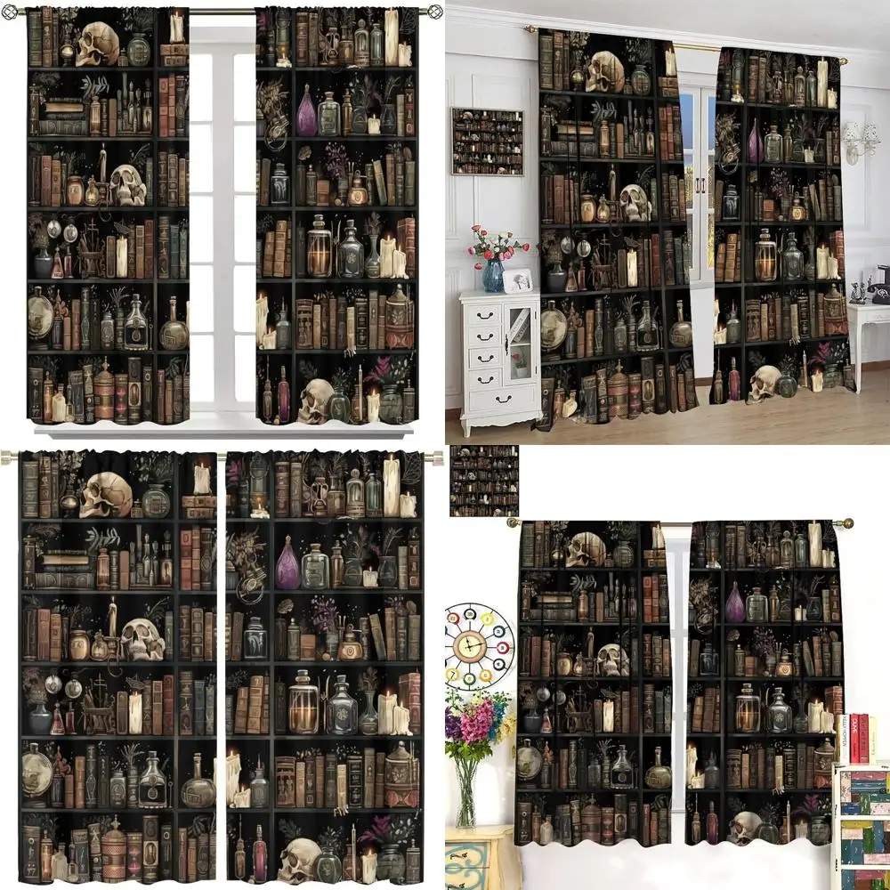Elegant Gothic-Inspired Book-Patterned Window Curtains with Skull and Floral Accents, 84 x 84 for Living Spaces and Bedrooms