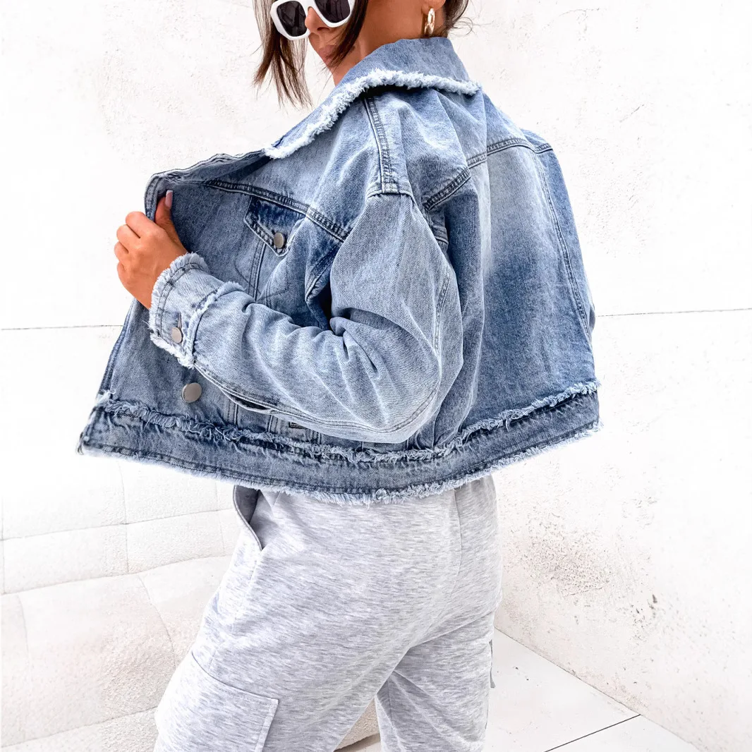 Women Denim Coat Short Coats Turn Down Collar Jacket Work Single Breasted Streetwear Splice Jackets Y2k Casual 2025 Blue Spring