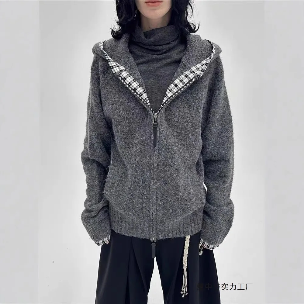 

2025 Autumn and Winter New Gray Double Zipper Cardigan Pieced Plaid Hooded Sweater Coat for Women, Lazy Loose Top.