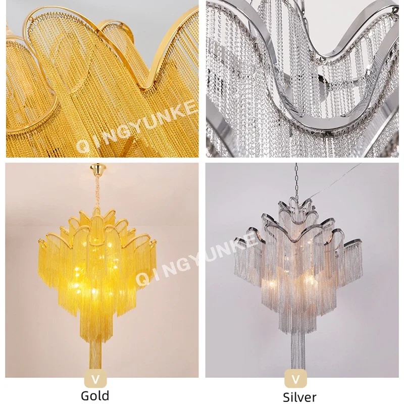 Luxury Chandelier Fringed Pendant Lamp Aluminium Chain Stair Silver Gold Ceiling Light for Home Hotel Decoration Hanging Lamp