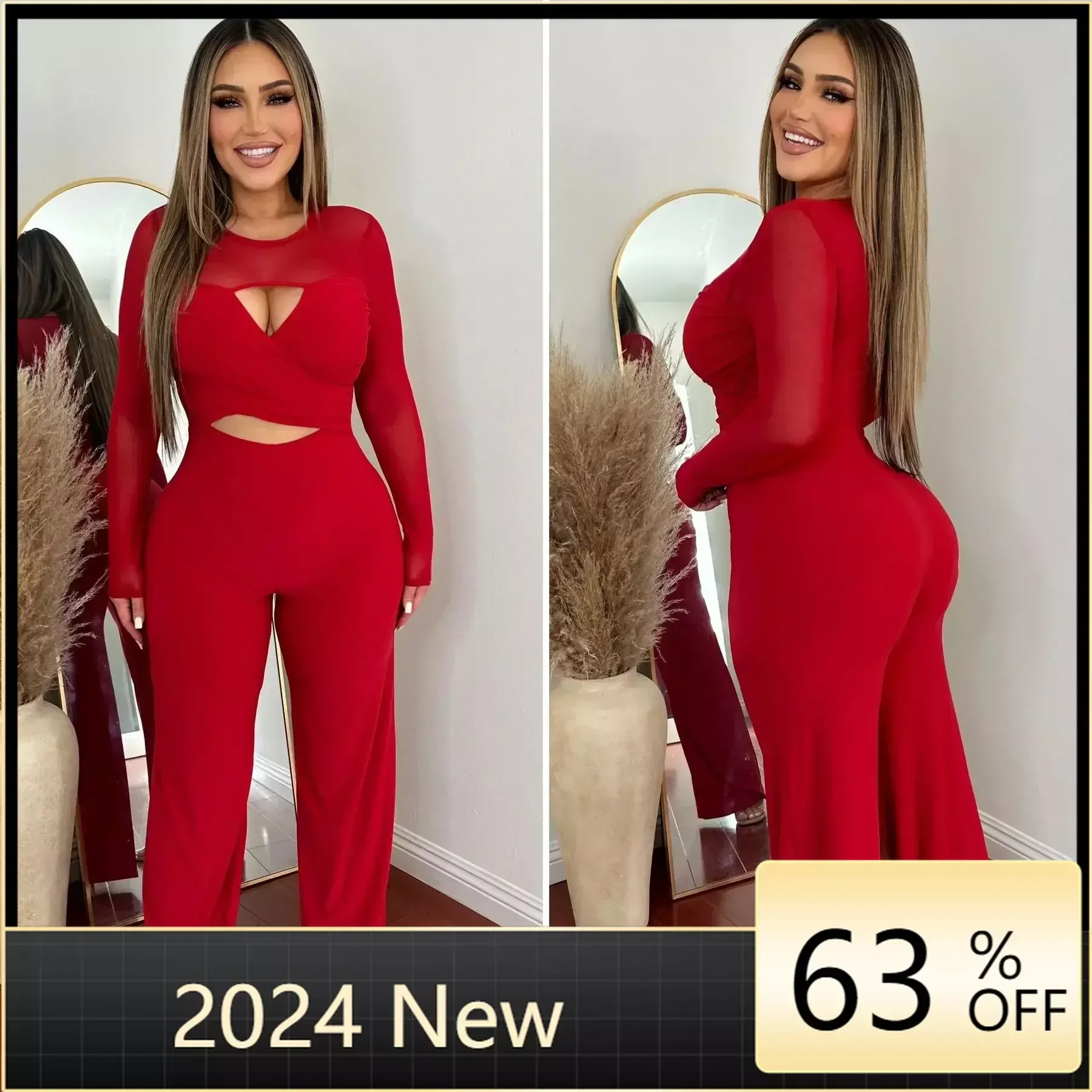 

Fashion Long Sleeve Cut out Front Mesh Patchwork Wide Leg Party Club Jumpsuit Women One Piece Suit Birthday Playsuits