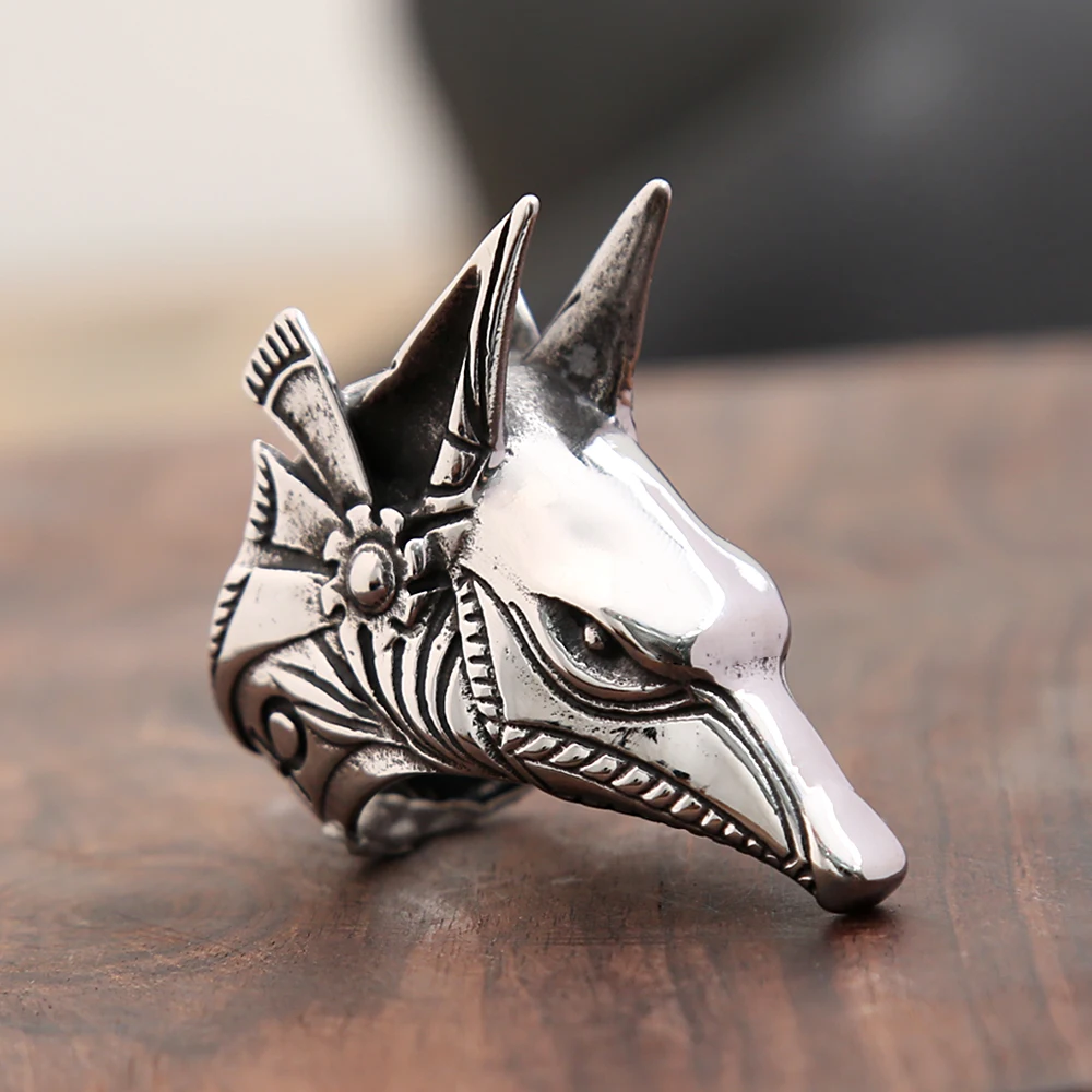 

Vintage Stainless Steel Egypt Anubis God Finger Rings For Men Boys Punk Wolf Head Cross Ring Fashion Jewelry Gifts Wholesale