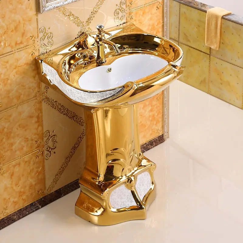 Local Tyrant Gold Column Basin for Bathroom Floor Standing Wash Basin Electroplated Gold Split Column Floor to Ceiling Large
