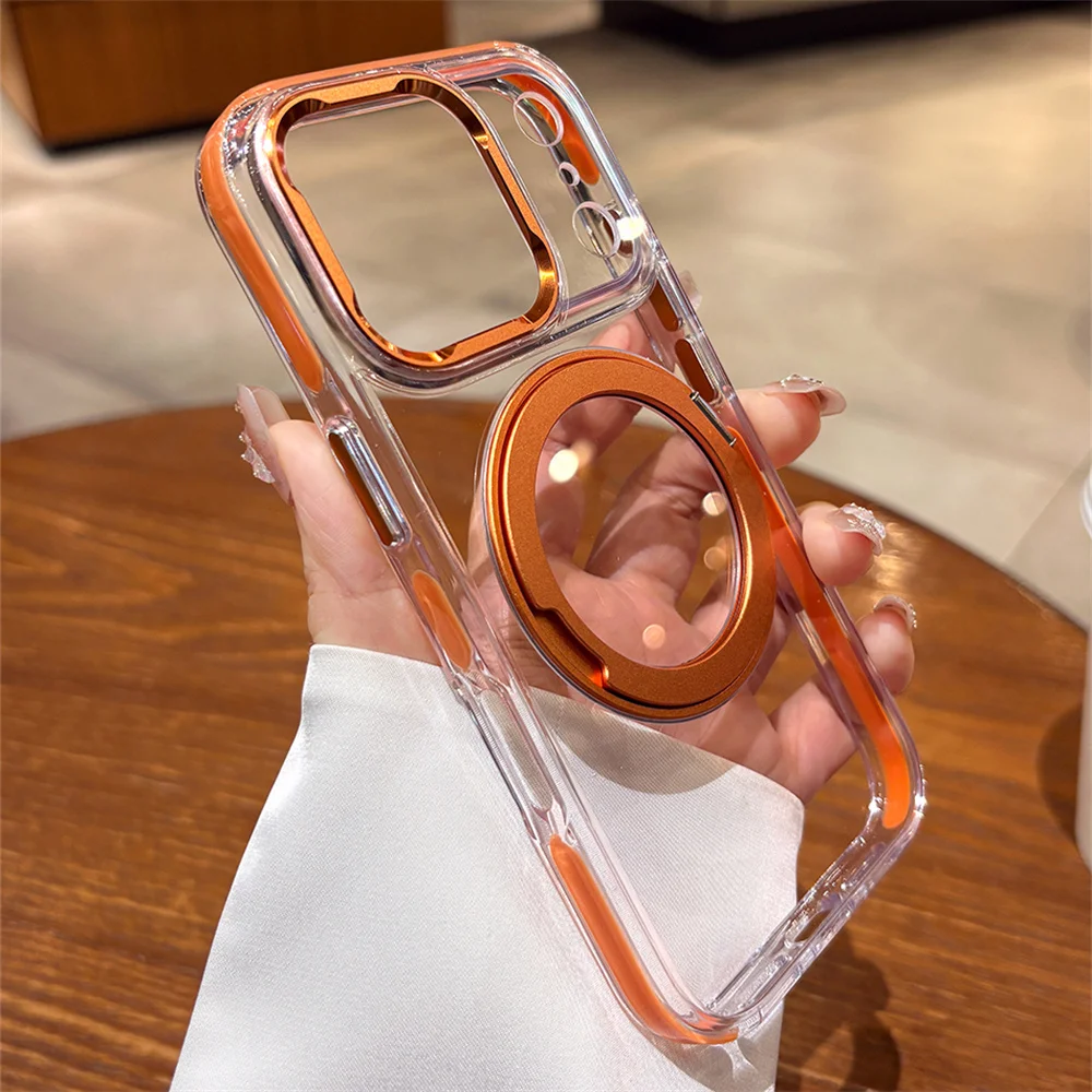 Przezroczyste etui na telefon z magnetycznym uchwytem, wykonane z akrylu i stopu aluminium, do iPhone 15, 16, 17, 18 Pro Max, z obrotowym, składanym uchwytem. — zdjęcie produktu 3