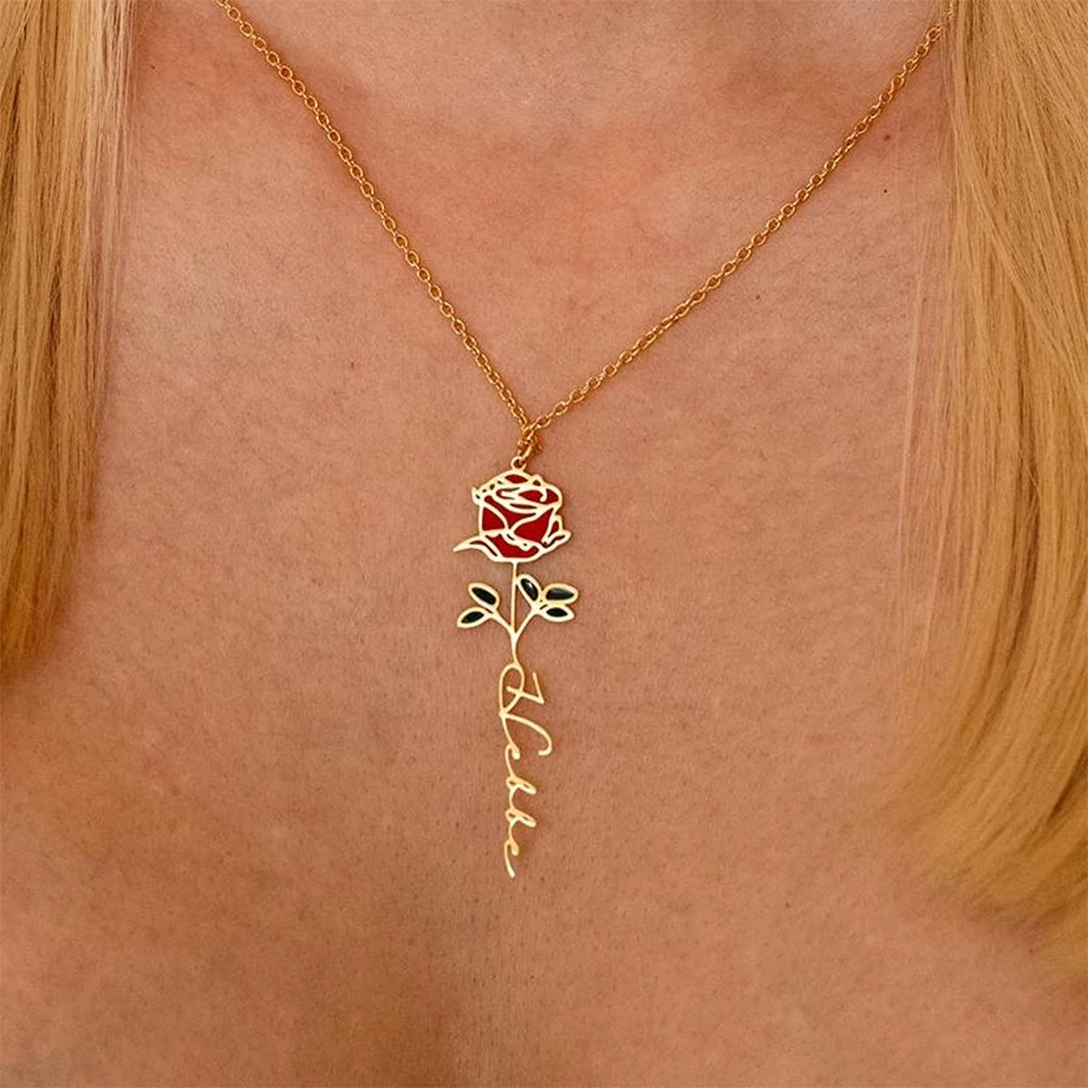 Custom Birth Month Flower Name Necklaces For Women Stainless Steel Customized Necklace Pendant Personalized Neck Chain Jewelry