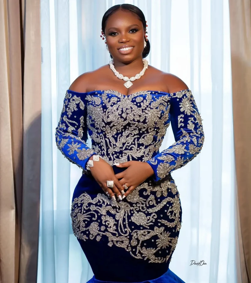 Aso Ebi-vestidos para ocasiones formales, apliques de encaje, terciopelo escalonado, Vestidos de Noche de sirena para mujer africana, manga larga, vestido de fiesta de boda