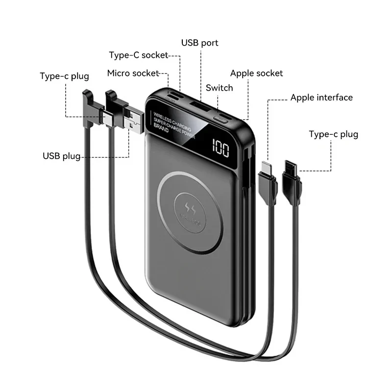 아이폰 샤오미 고속 충전 마그네틱 휴대용 보조배터리 무선 충전 전원 디스플레이, 분리형 케이블 포함