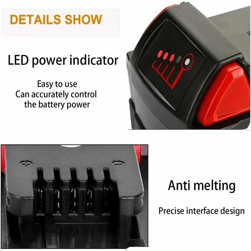 For Milwaukee M18 Power Tool Battery, Charger, BR, XC, 18V, 12000mAh 9000mAh M18B5, 48-11-1860,2604-22 Built-in 18650 Battery