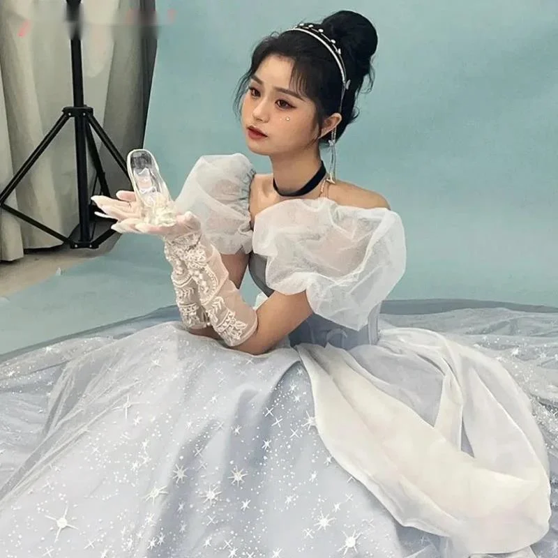 Blue Prom Dress Engagement Jacquard Dress France Vintage Sweet Korean Princess Fairy Dress Evening Party Dress