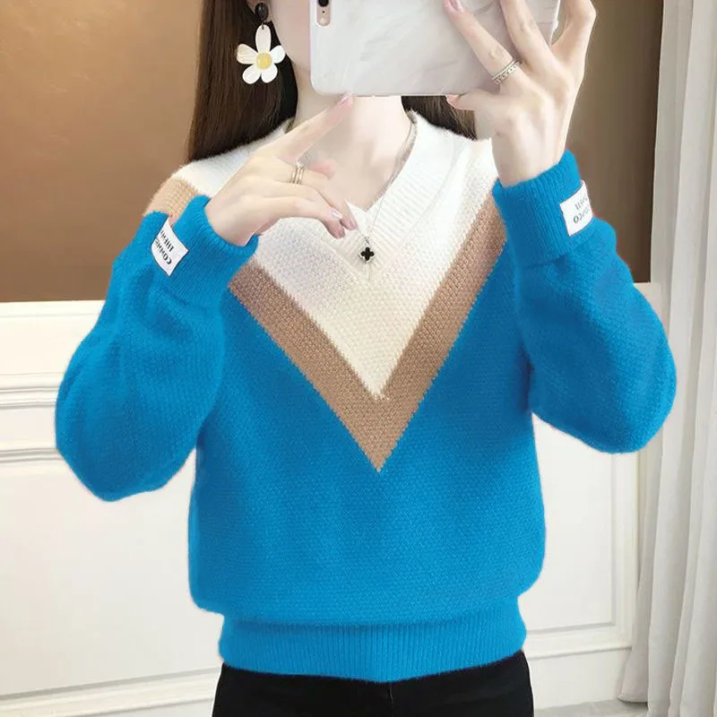 New Autumn and Winter Fashion Trend Color Matching V-neck Thread Loose and Versatile Foreign Style Knitted Long Sleeved Sweater