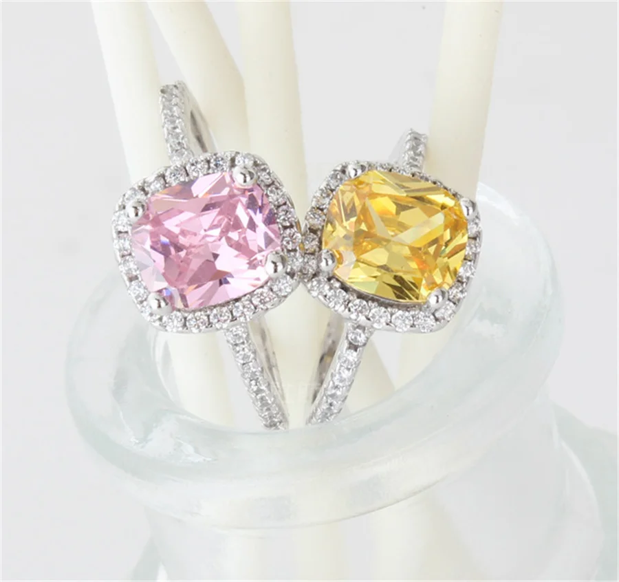 CC Rings For Women Yellow Square Stone Sterling Silver Color Wedding Engagement Ring Bridal Jewelry Anillos Mujer CC594