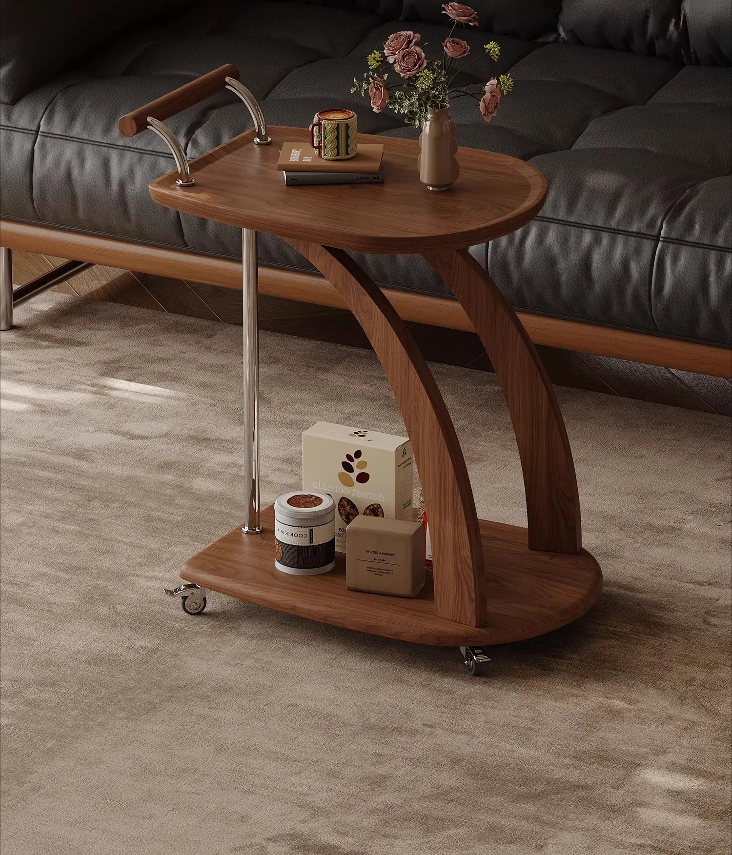 

Medieval style trolley sofa side few solid wood walnut living room household small apartment creative retro coffee table