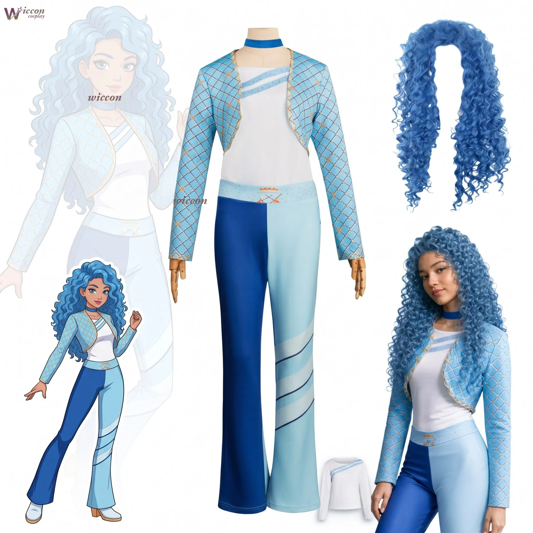 Disfraz azul de D-Descendants para niños y niñas, conjunto de princesa azul, peluca, uniforme, traje para fiesta de Halloween, Cos C COS NEW