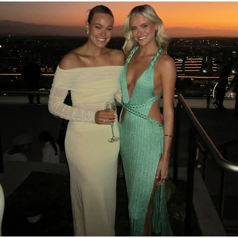 Vestido largo sexi de punto con abertura larga y espalda descubierta para mujer, vestidos verdes acanalados con cuello en V para mujer, batas de fiesta en la playa para verano 2025