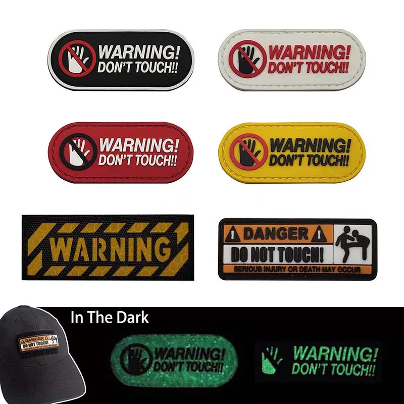 DON'T TOUCH !! PVC Patch WARNING Emblem Glow in Dark,Military Armband Sticker Tactical Badge Applique For Clothing,Backpack,Hat