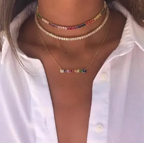AAA+ Sexy Short Sparking Rainbow Tennis Chain Chocker Necklace With CZ Fashion Personality Women Collar Jewellery bijoux femme