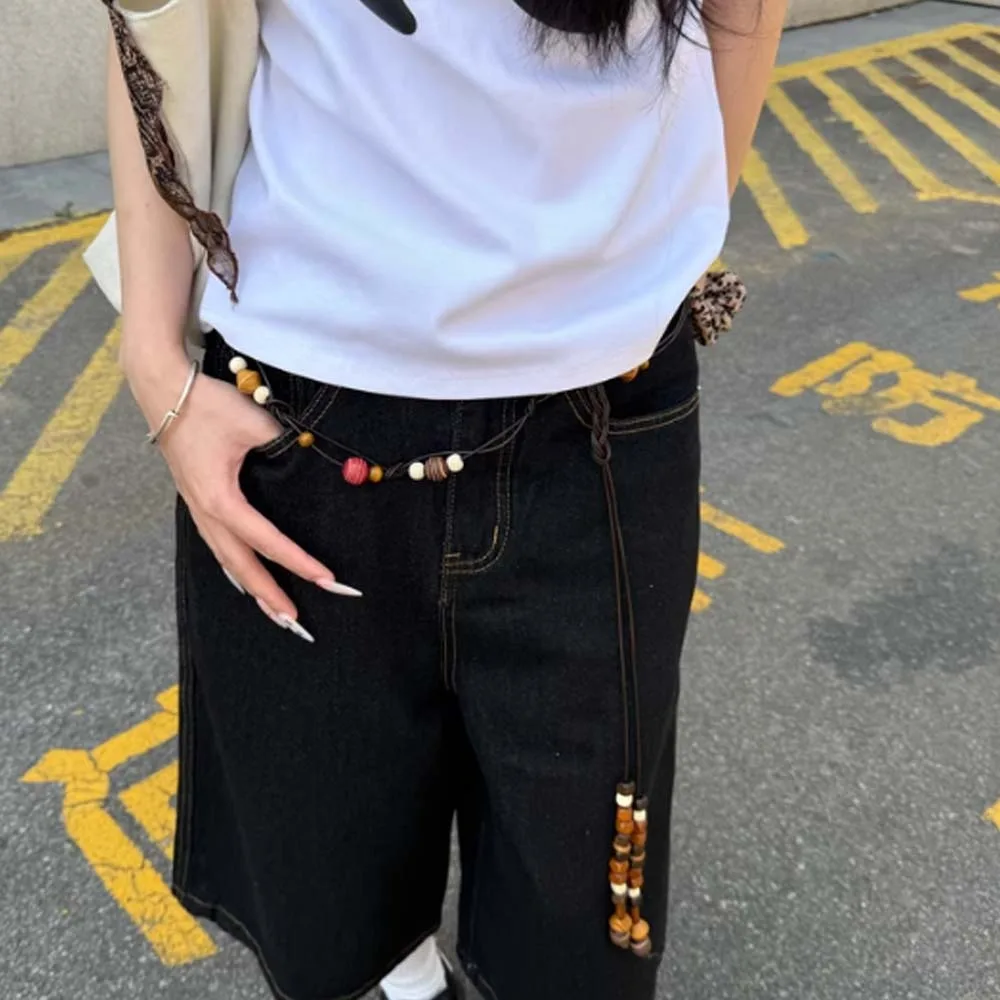 Винтажный ремень из смолы с деревянными бусинами, регулируемый плетеный пояс из искусственной кожи в этническом стиле, джинсовый декор, коричневый ретро-цепочка с кисточками на талии для женщин