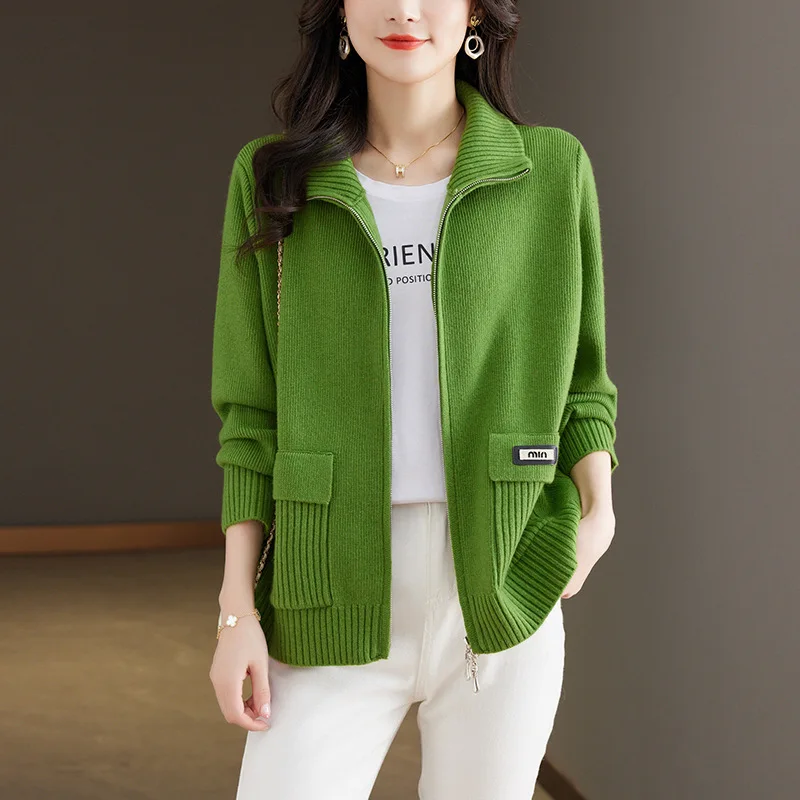 

Fashion Korean Knitted Zipper Cardigan Sweater Women Loose Autumn New Knitted Coat Western Style Lapel Sweater Female Outwear