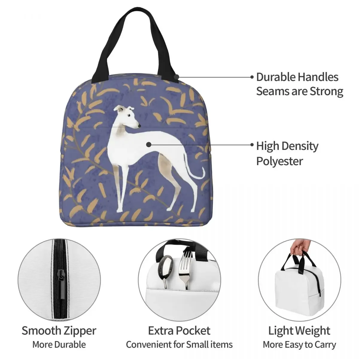 Whippet Brown Leaves Insulated Lunch Bags Cooler Bag Reusable Greyhound Sighthound Dog Large Tote Lunch Box School Travel