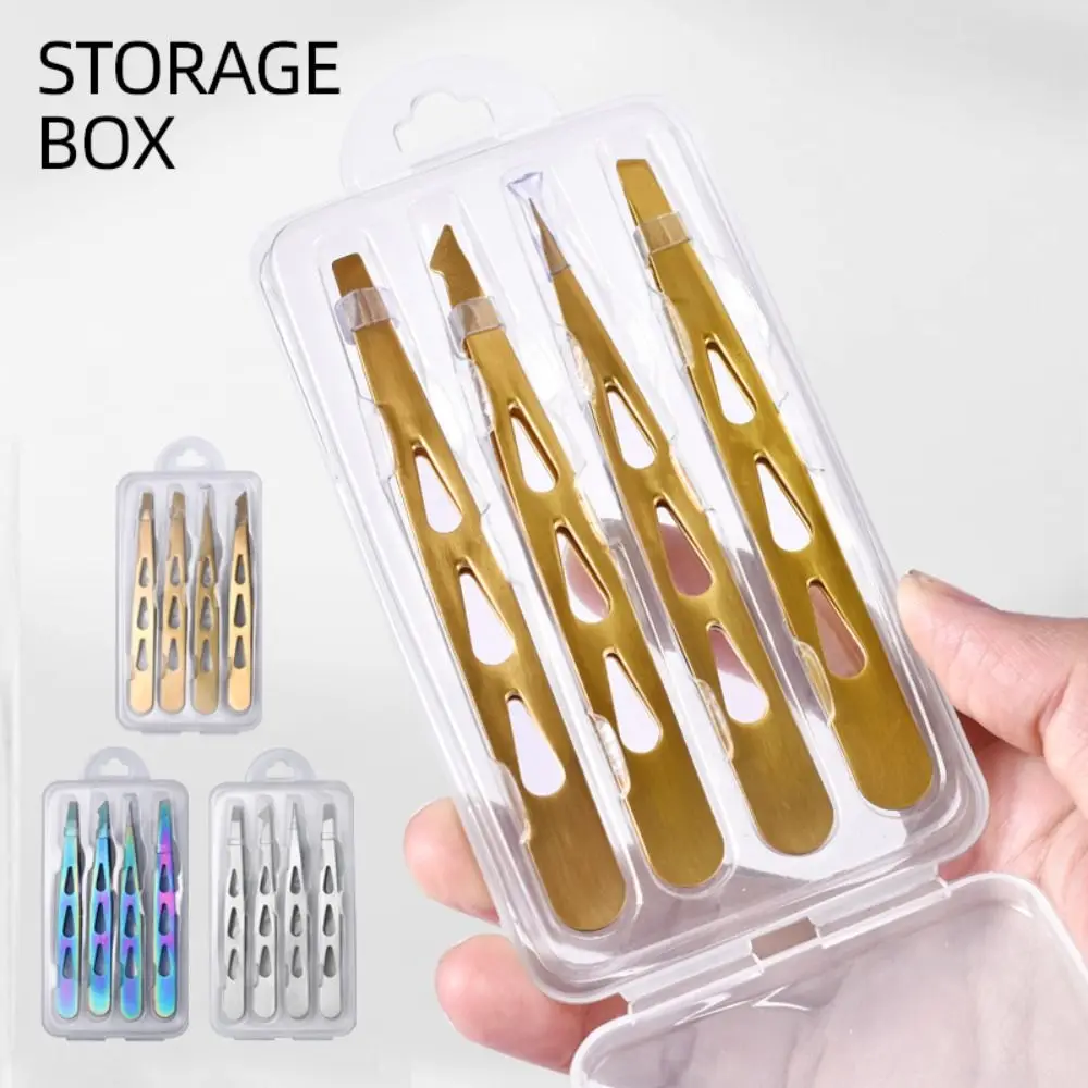 4PCS/Set Stainless Steel Eyebrow Tweezers Oblique Mouth Pointed Tip Beard Tweezers Portable Multifunctional Eyelash Tweezers