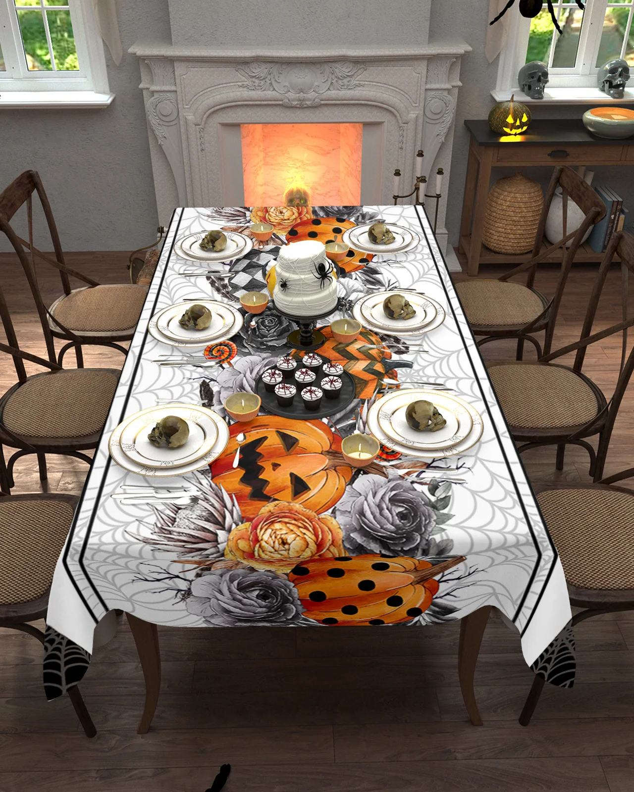 Halloween Pumpkin Black Rose Crow Feather Tablecloths for Dining Table Waterproof Round Table Cover for Kitchen Living Room