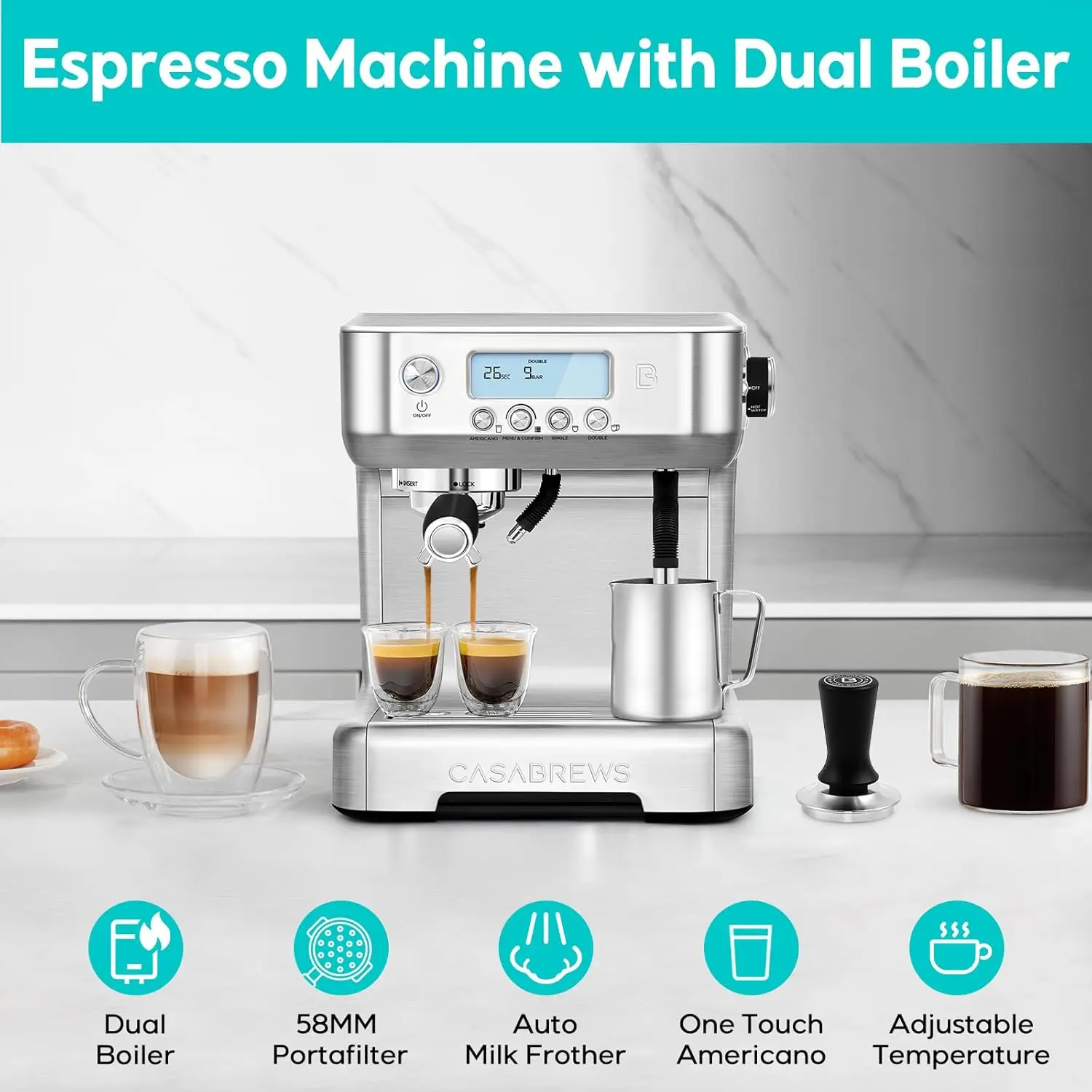 Espresso Machine with Automatic Milk Frother, 20 Bar Espresso Maker with Dual Boiler and LCD Display, Barista Cappucci