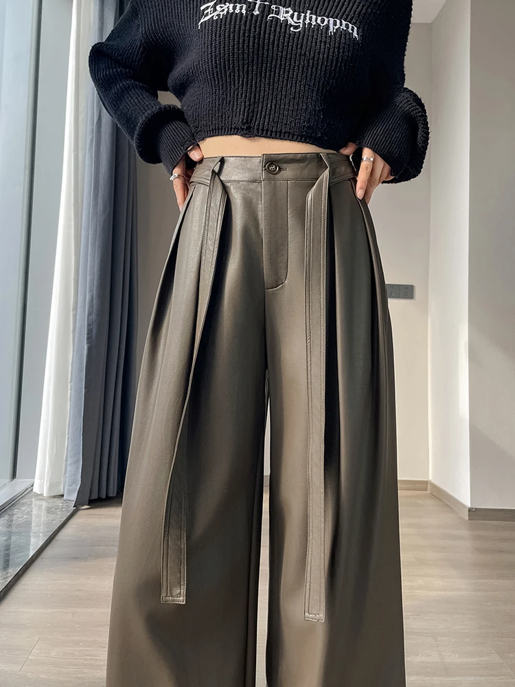 Korean Fashion Women High Waist Wide Leg PU Leather Palazzo Pants Culottes Black Pants Pocket Trousers Female 2025 New Outfits