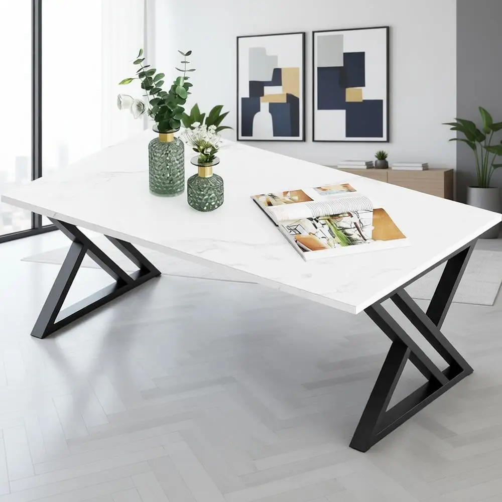 

Coee Table White Living Room Center Table, Simple ern aux Marble Recular Tea Table with Sturdy Black Metal e,Industrial Wooden C