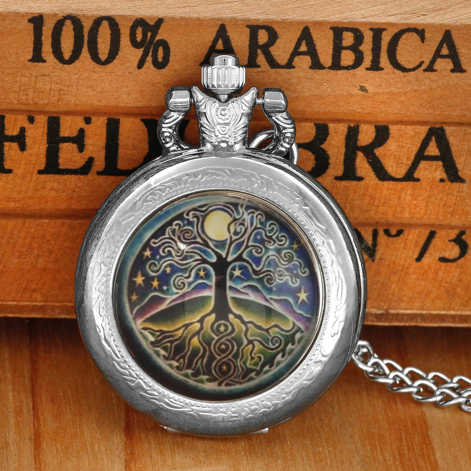 Tree of live Creative Quartz Pocket Watch Women Men Silver Necklace Unique Pendant Round Dial Clock Watch Gift Accessories