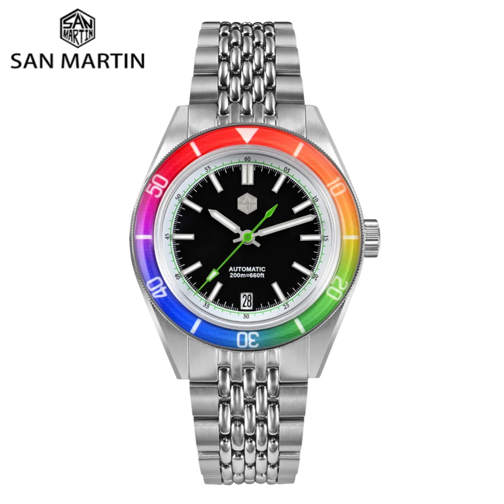 

San Martin 39.5mm Sapphire Rainbow Bezel Summer NH35 Mens Watch Dive 20Bar Automatic Timepiece Luxury 6H Date Relogios SN0116B-1