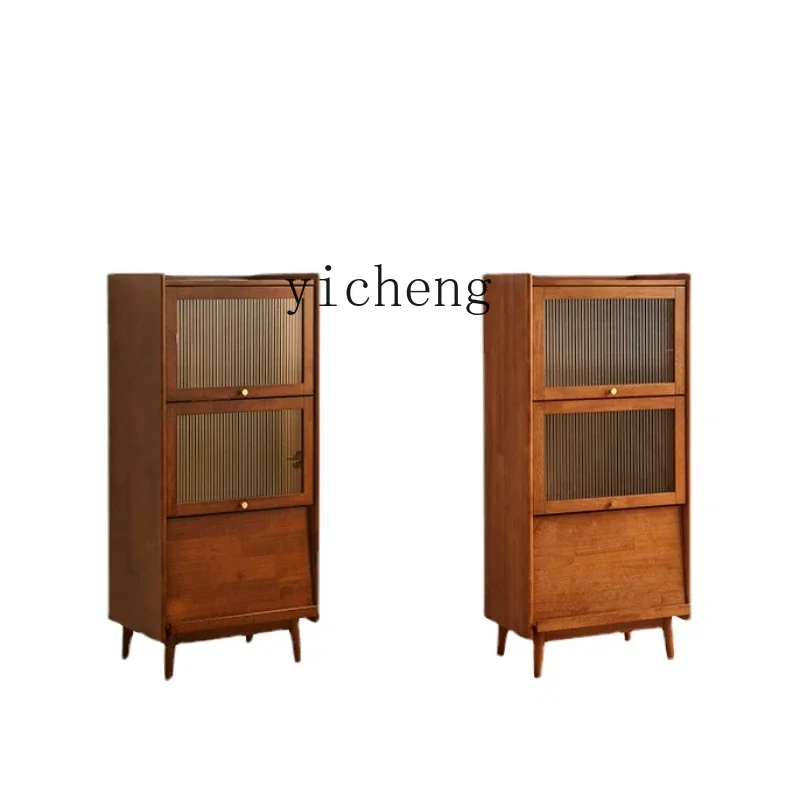 

ZK Solid Wood Bookcase with Lockers with Glass Door Retro Living Room Magazine Cabinet Floor Storage Cabinet