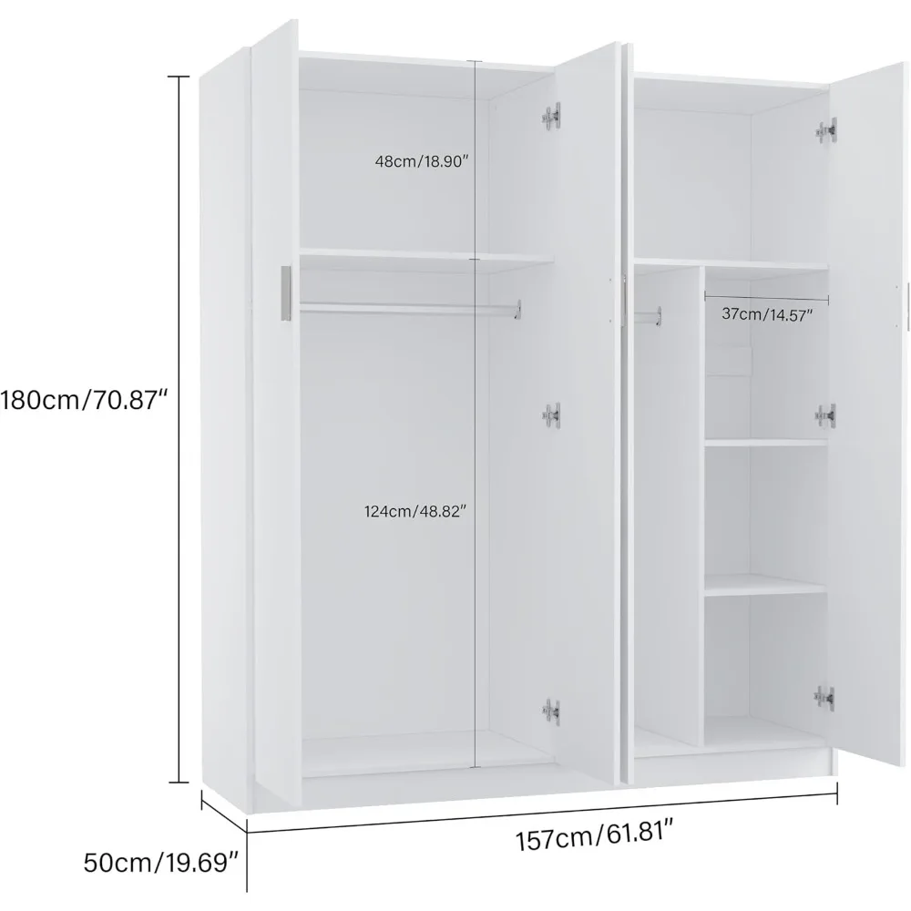 4 Door Wardrobe Closet Bedroom Armoire with Shelves, Hanging Rod for Bedroom, White