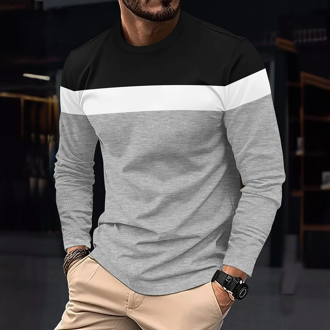 Spring and autumn men round neck long sleeve matching color base shirt set thin long sleeve T-shirt men's daily men's wea