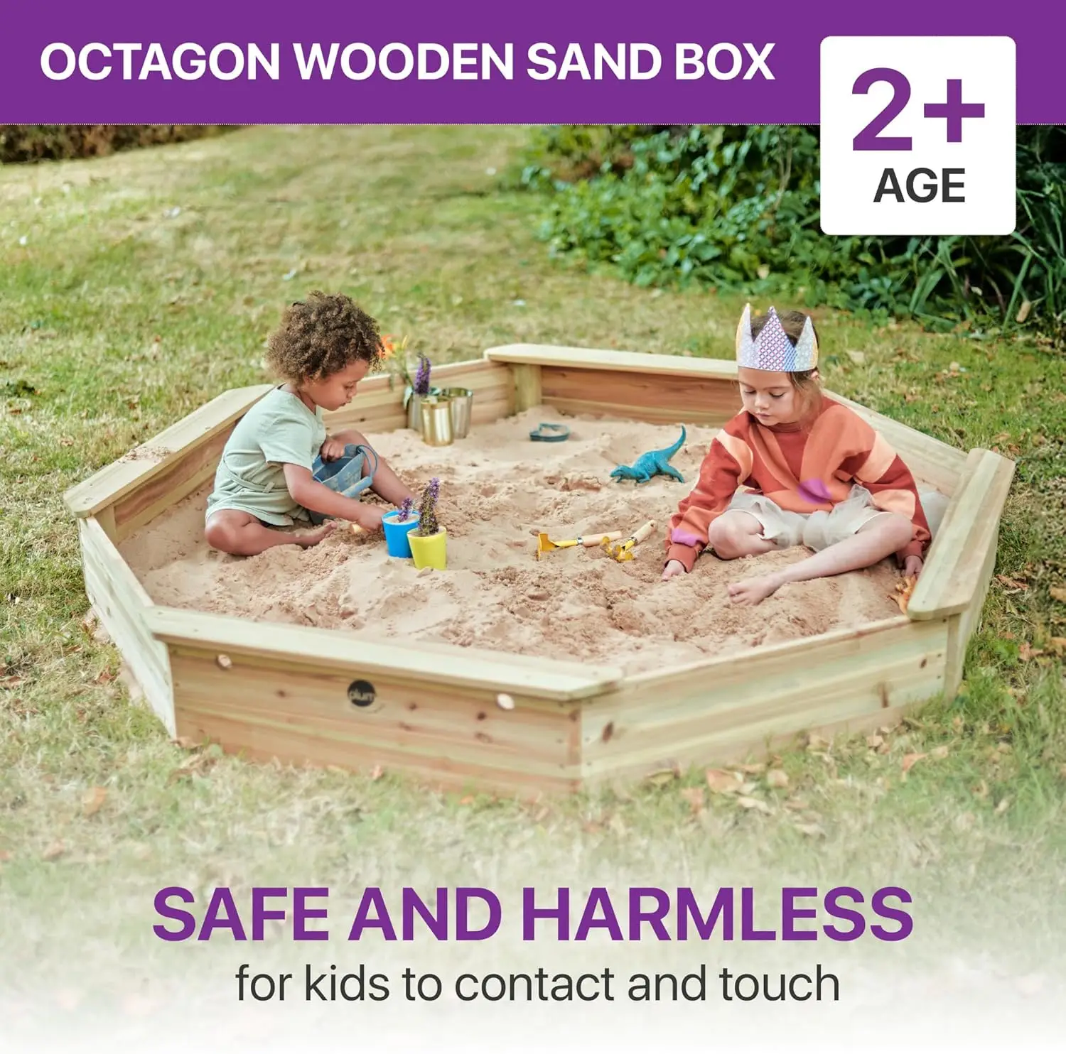 Caja de arena grande de madera con cubierta, caja de arena octagonal para exteriores para niños, juguetes sensoriales para niños pequeños, pozo de arena de madera para exteriores con asiento Boa