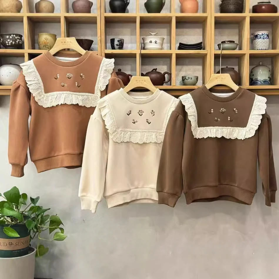 

Girls tshirt 3-8years old 2024 late autumn fleece lace sweater kids clothes פוקימון יומולדת топ с хеллоу китти