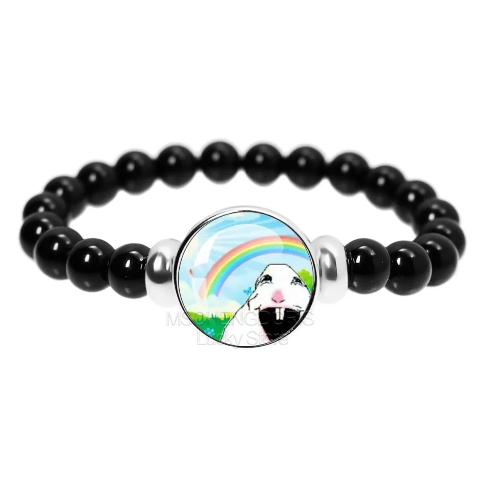 Hamster Meme Funny Glass Cabochon Beaded Bracelet Cartoon Animal Black Round Bead Elastic Bangle Jewelry Gift For Friends MS056