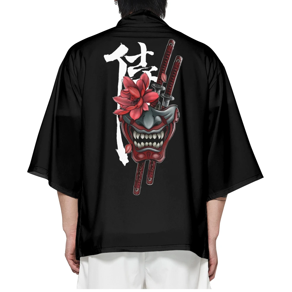 Black Kimono Cardigan Men Women Japanese Obi Male Yukata Boys Haori Samurai Sword Demon Print Coat Japanese Traditional Clothing