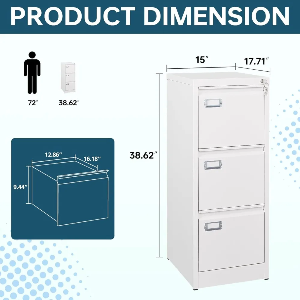 Vertical 3-Drawer White File Cabinet with Lock, Home Office Storage for Letter Legal Files and Folders