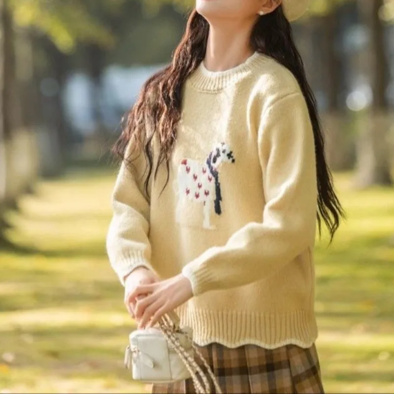 Design Sense Cartoon Puppy Yellow Lace Sweater for Women in Autumn and Winter New Lazy Thickened Knitted Sweater