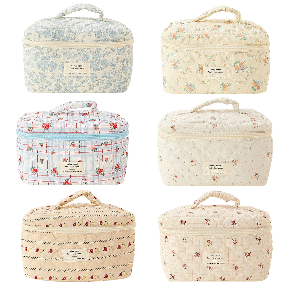 Women Floral Cosmetic Bag Printed Cotton Aesthetic Toiletry Purse Large Capacity Zipper Closure Girls Daily Handbag